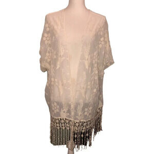 LAC BLEU Sz Large Women's Cream Embroidered Fringe Lace Sheer Cover-Up/Kimono